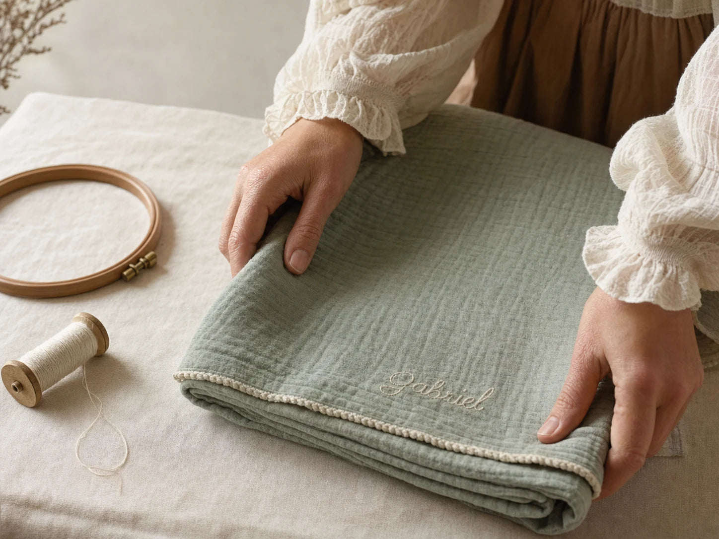 Couverture de naissance personnalisée au prénom Gabriel dans un atelier de broderie