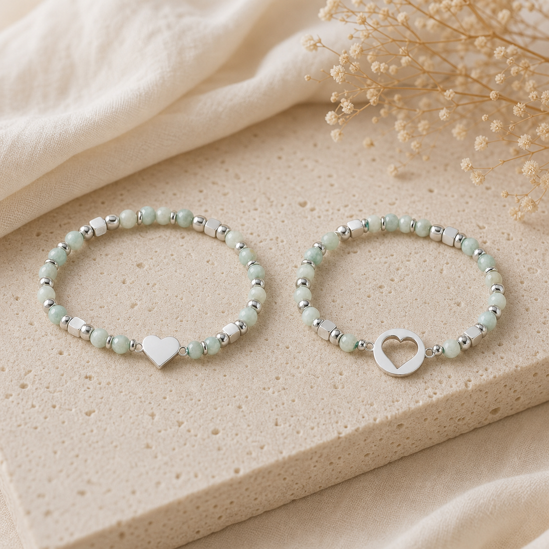 Duo bracelets maman bébé en amazonite avec cœurs argentés