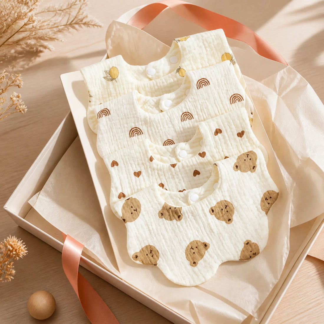 Bavoirs bébé en coton – motifs tout-petits (lot de 4) – mise en situation du produit