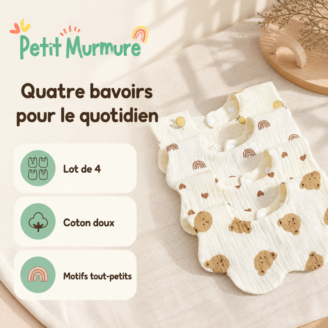 Bavoirs bébé en coton – motifs tout-petits (lot de 4) – caractéristiques essentielles