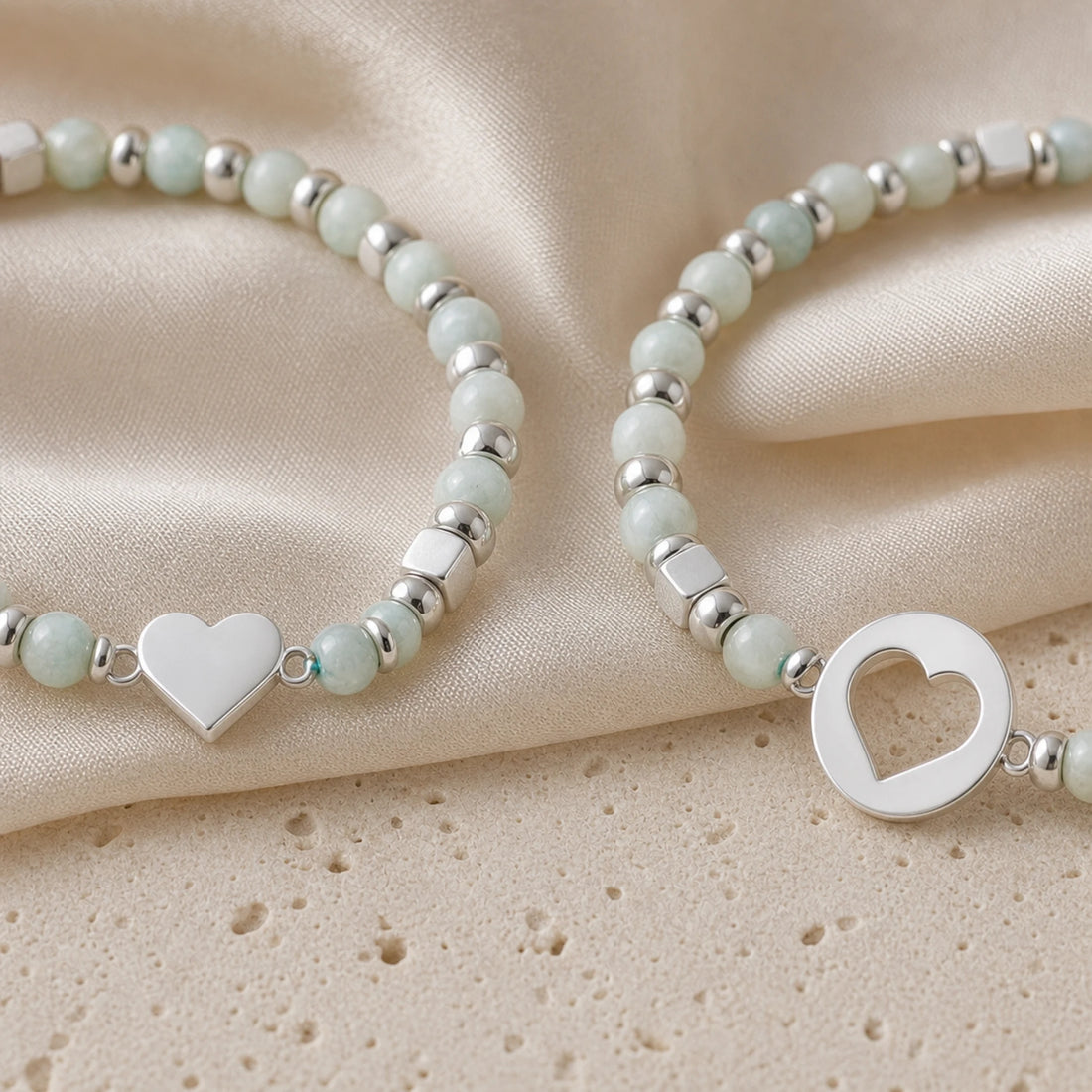 Bracelet maman-bébé pierre Amazonite (duo) – détail des matières et des finitions