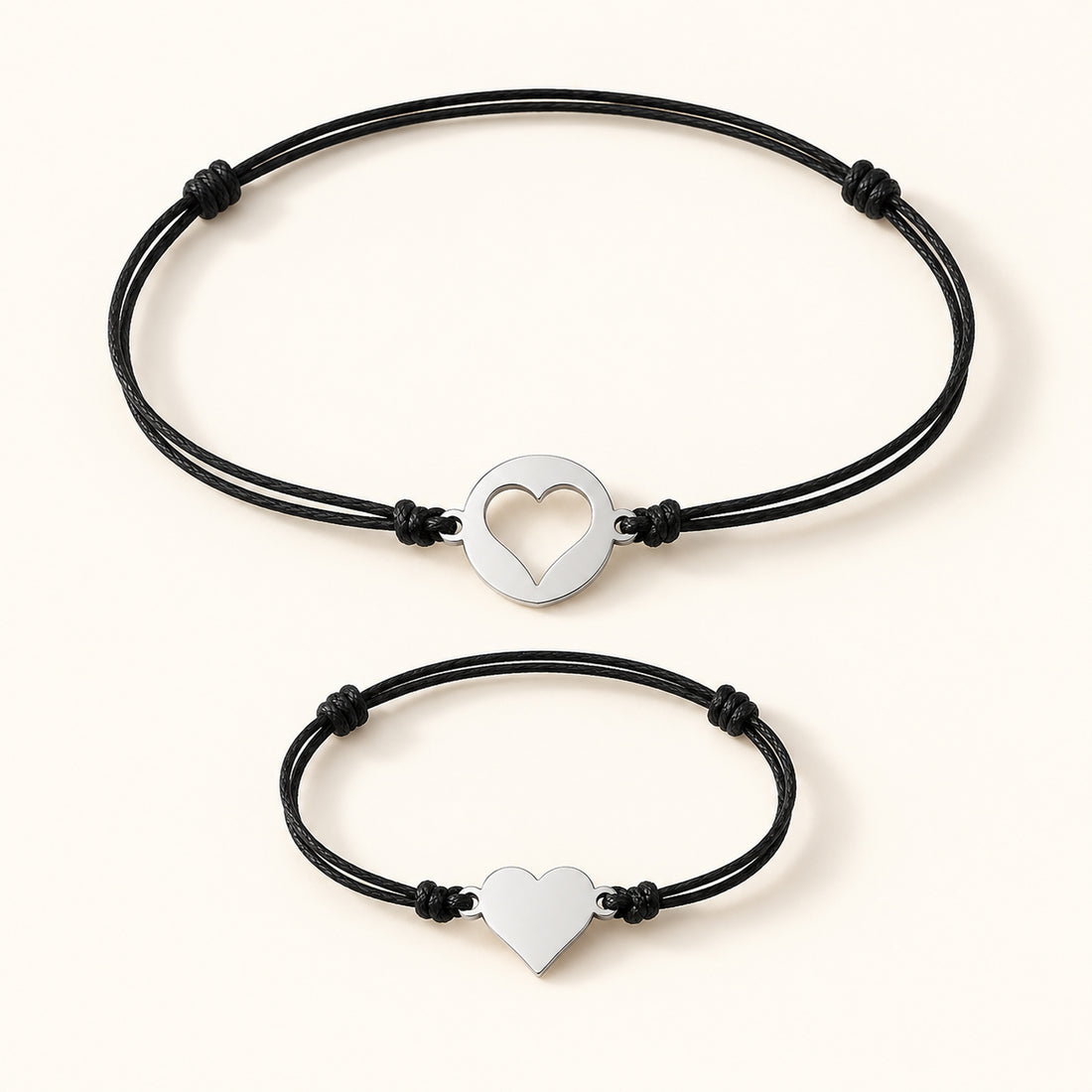 Duo de bracelets maman-bébé à cœur assorti, cordon noir - bracelet maman-bébé | Petit Murmure