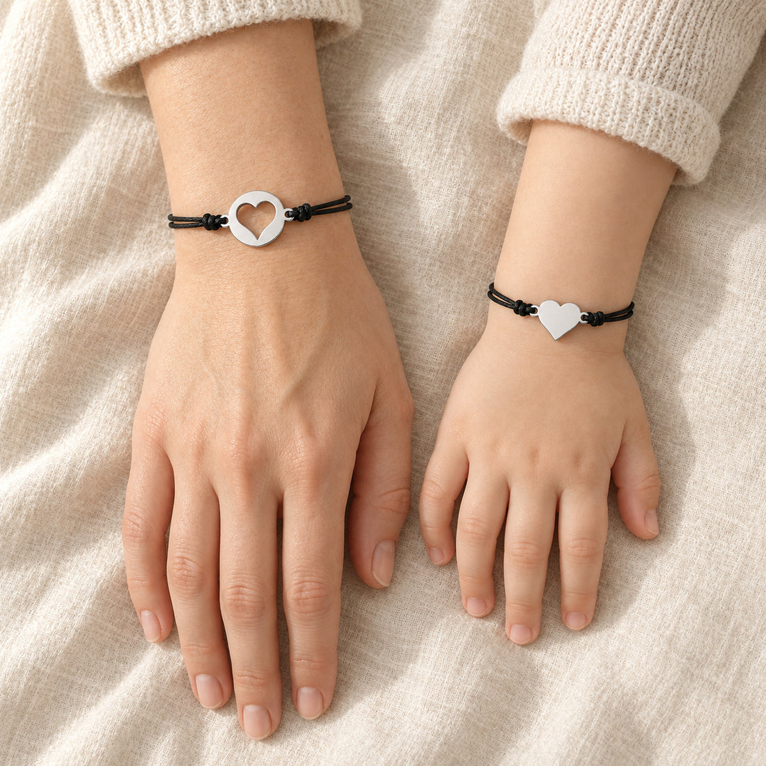 Poignet de maman et poignet d'enfant portant le duo de bracelets cœur - bracelet maman-bébé | Petit Murmure