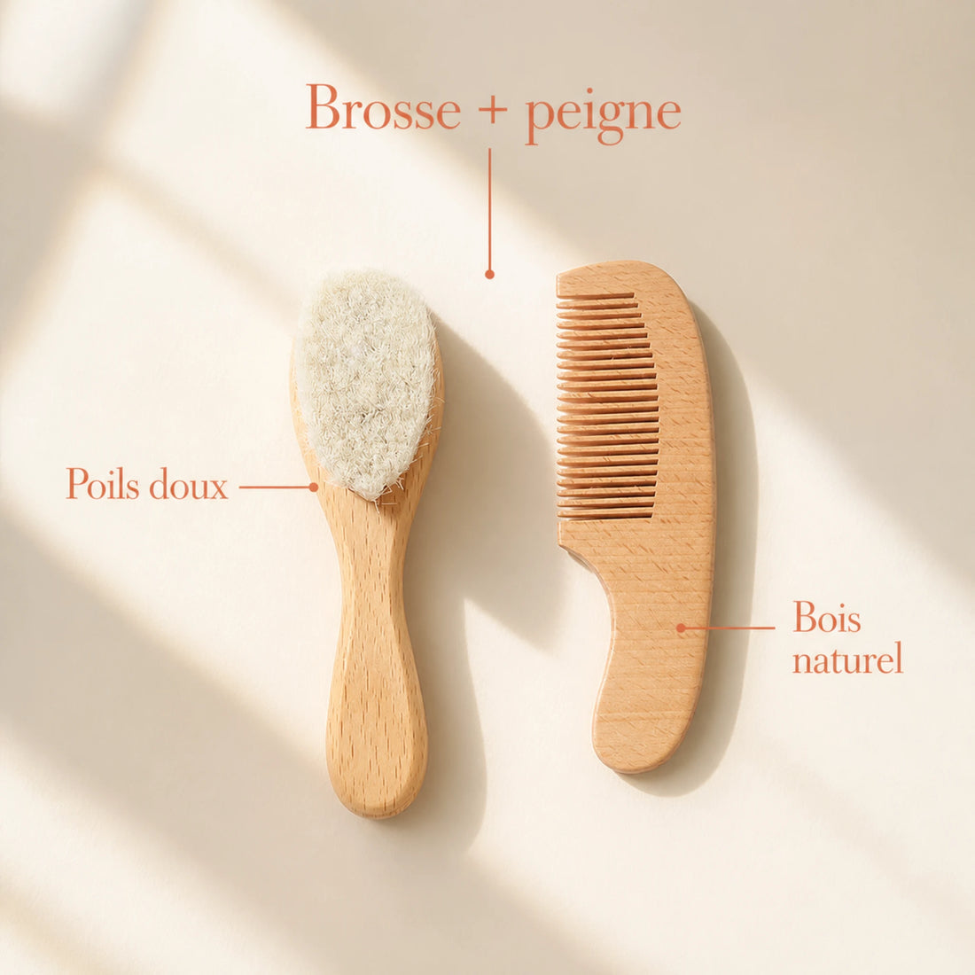 Brosse et peigne bébé en bois – poils doux (set) – caractéristiques essentielles