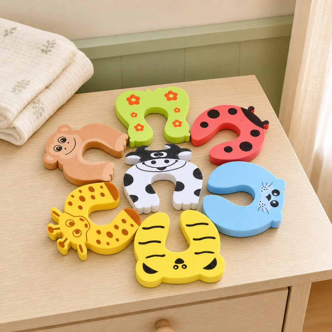 Butée de porte anti-pince-doigts pour bébé (lot) – mise en scène dans un univers bébé doux et lumineux