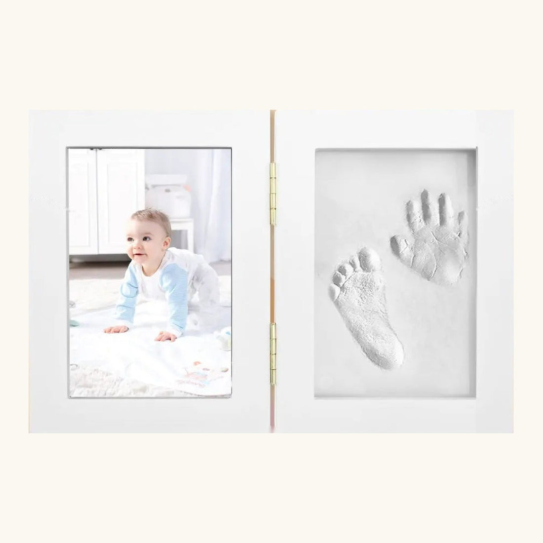 Cadre pliable en bois blanc du kit empreinte bébé, photo et empreinte | Petit Murmure