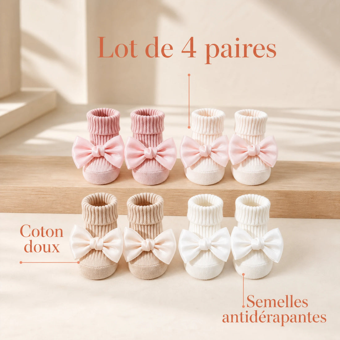 Chaussettes bébé antidérapantes – coton (lot de 4) – caractéristiques essentielles