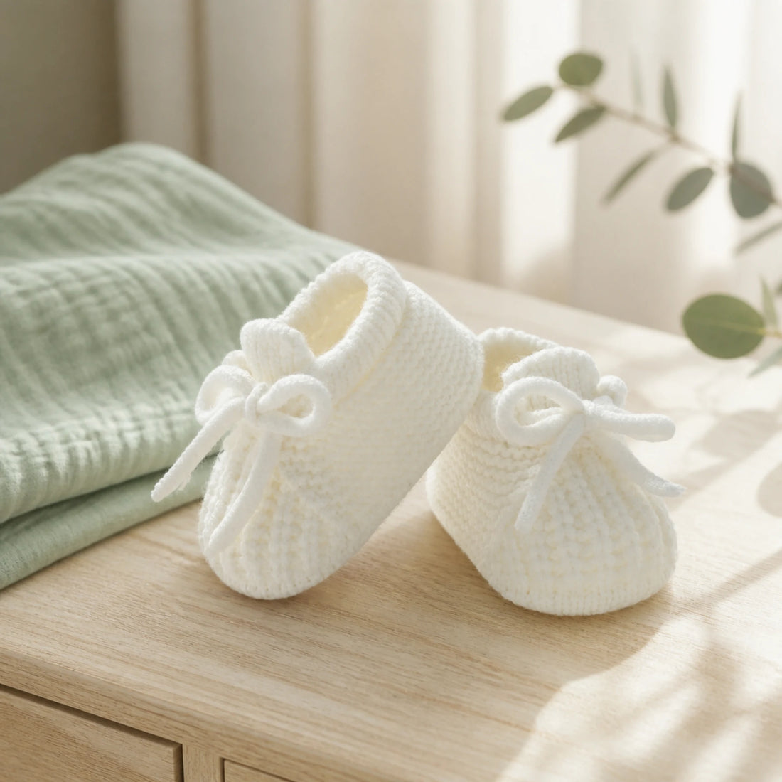 Chaussons bébé en maille douce – naissance à 18 mois – mise en scène dans un univers bébé doux et lumineux