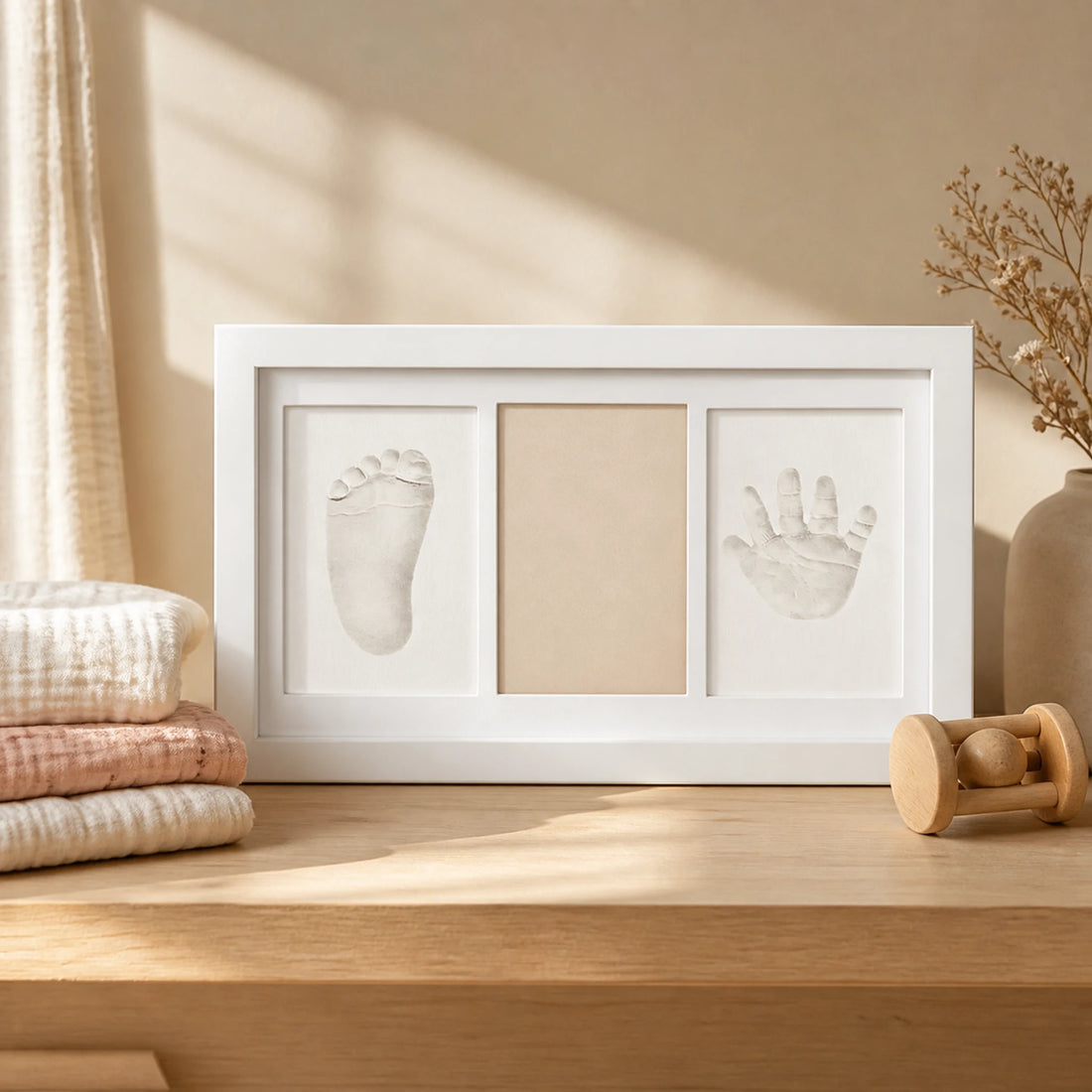 Coffret empreinte bébé argile (double) – mise en scène dans un univers bébé doux et lumineux