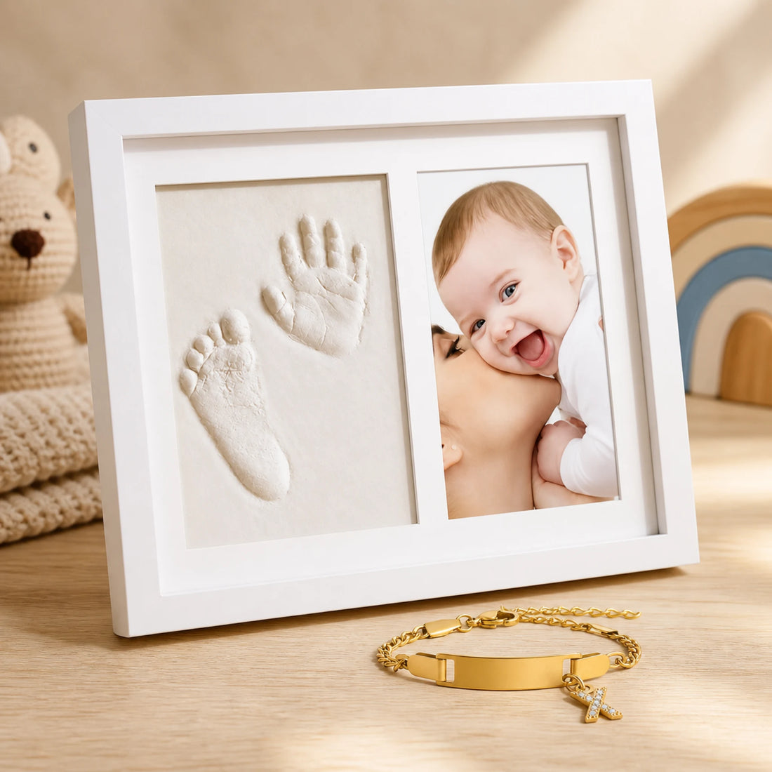 Coffret souvenir bébé présenté dans un décor doux et lumineux