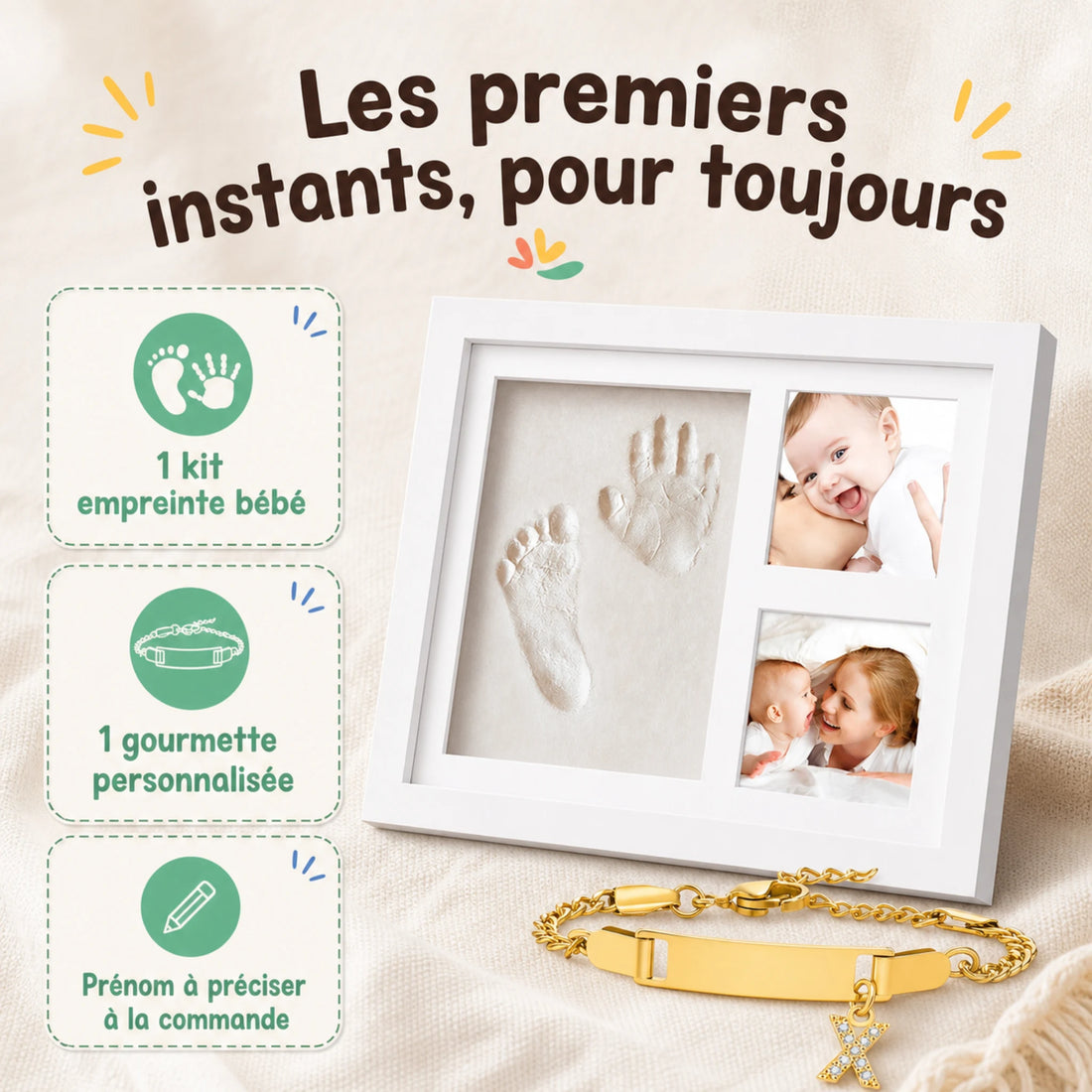 Coffret souvenir – kit empreinte bébé et gourmette personnalisée