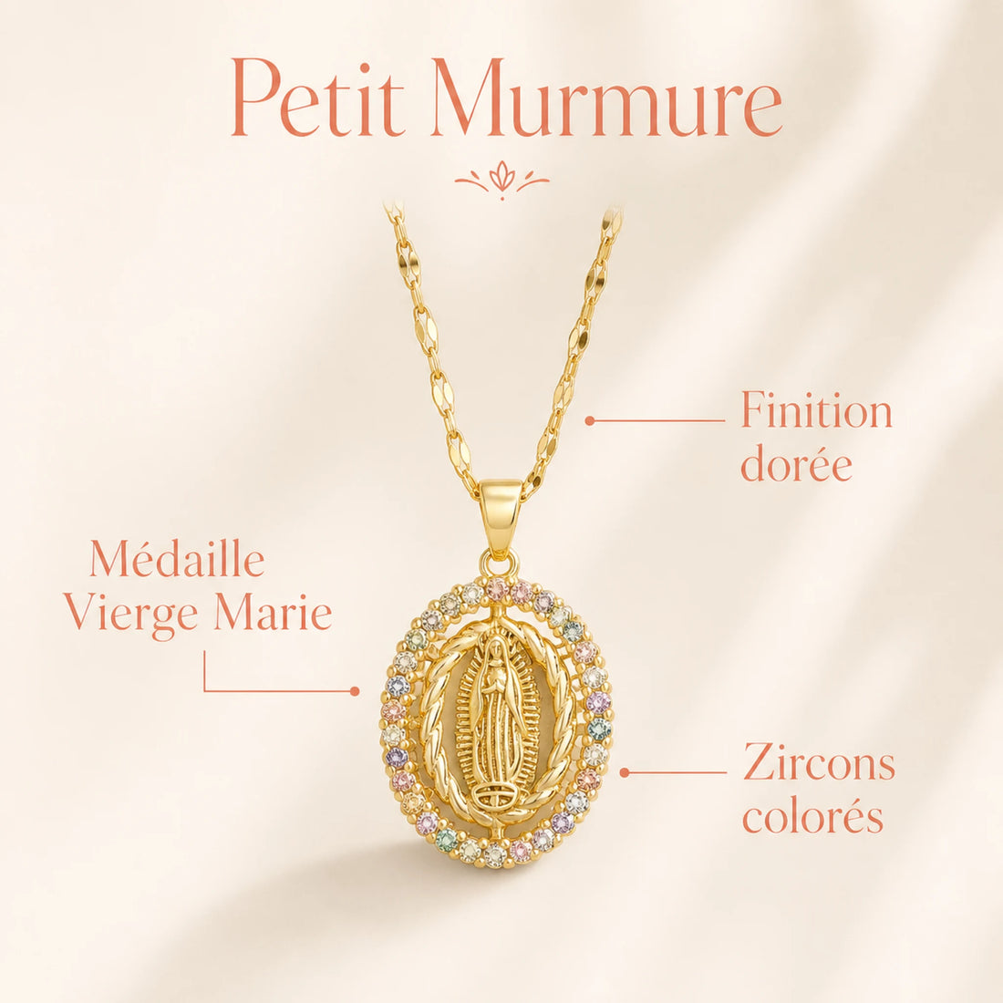 Collier médaille Vierge Marie dorée, zircons colorés – caractéristiques essentielles