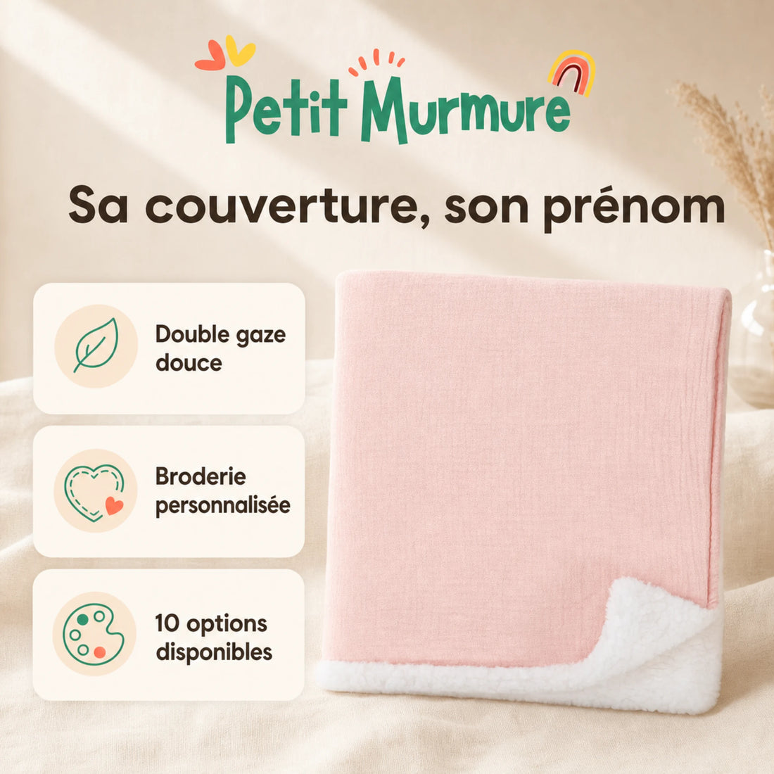 Couverture personnalisée bébé brodée au prénom — double gaze – caractéristiques essentielles