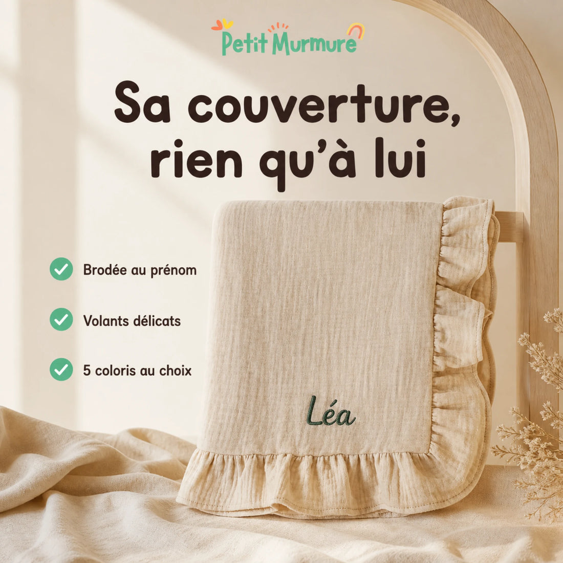 Couverture bébé brodée au prénom – volants délicats et 5 coloris