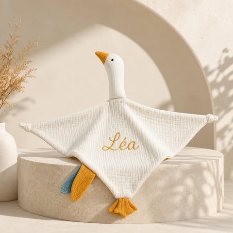 Doudou plat cygne personnalisé au prénom