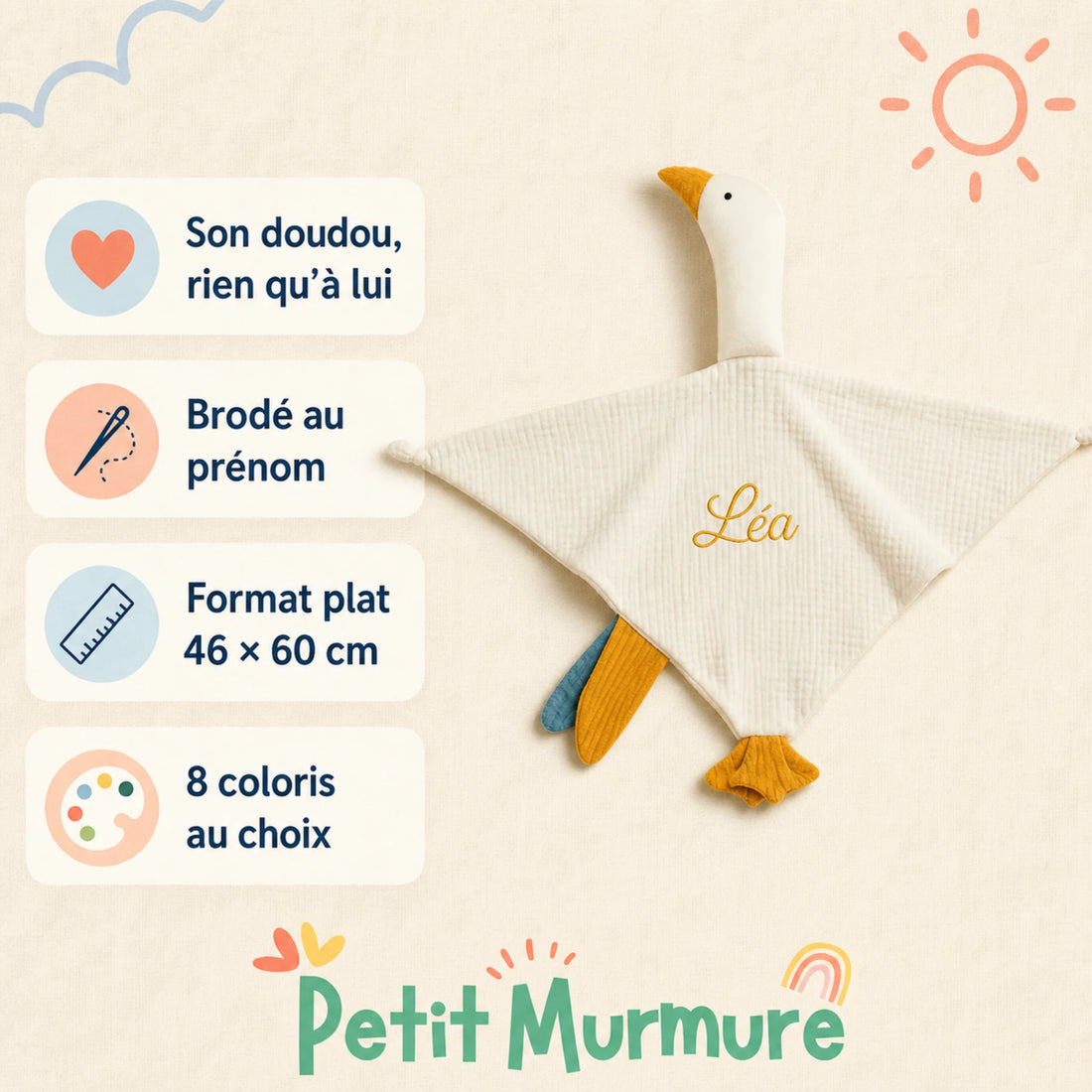 Doudou cygne brodé au prénom – format plat 46 par 60 cm et 8 coloris