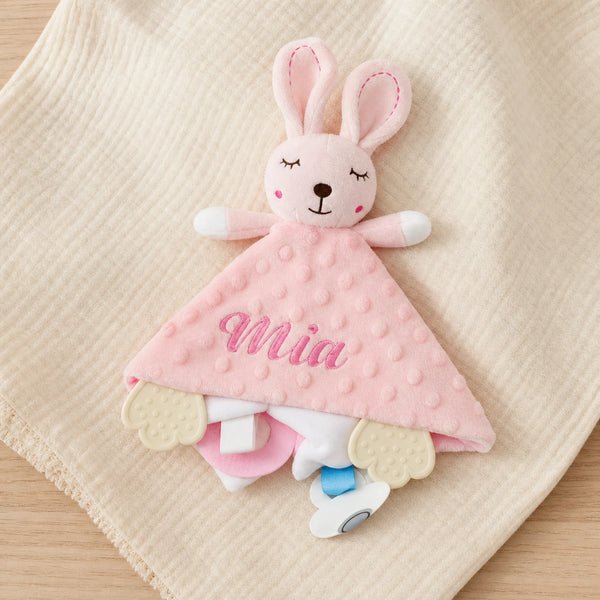 Doudou personnalisé lapin brodé au prénom — minky – présentation du produit