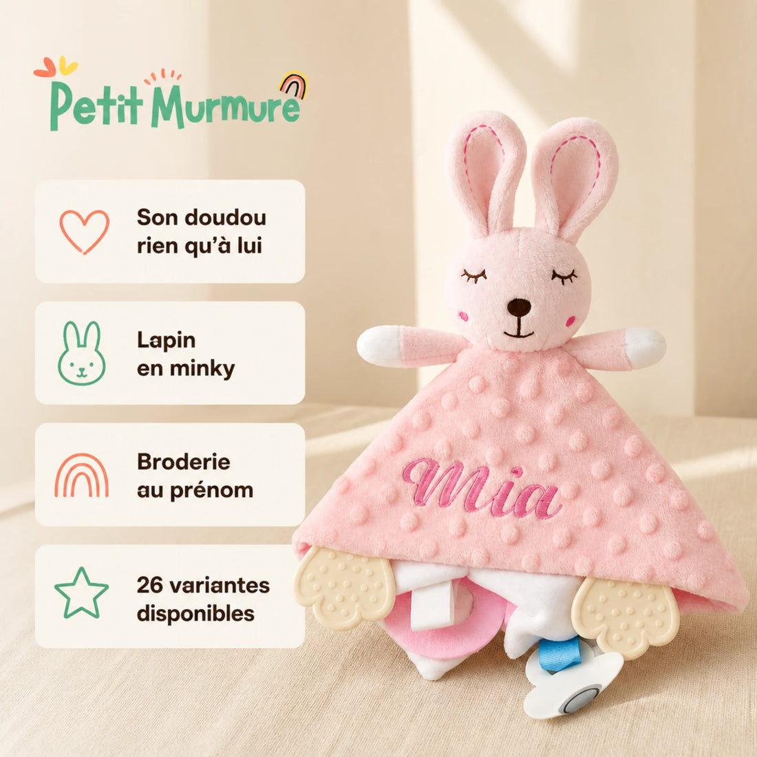 Doudou personnalisé lapin brodé au prénom — minky – caractéristiques essentielles