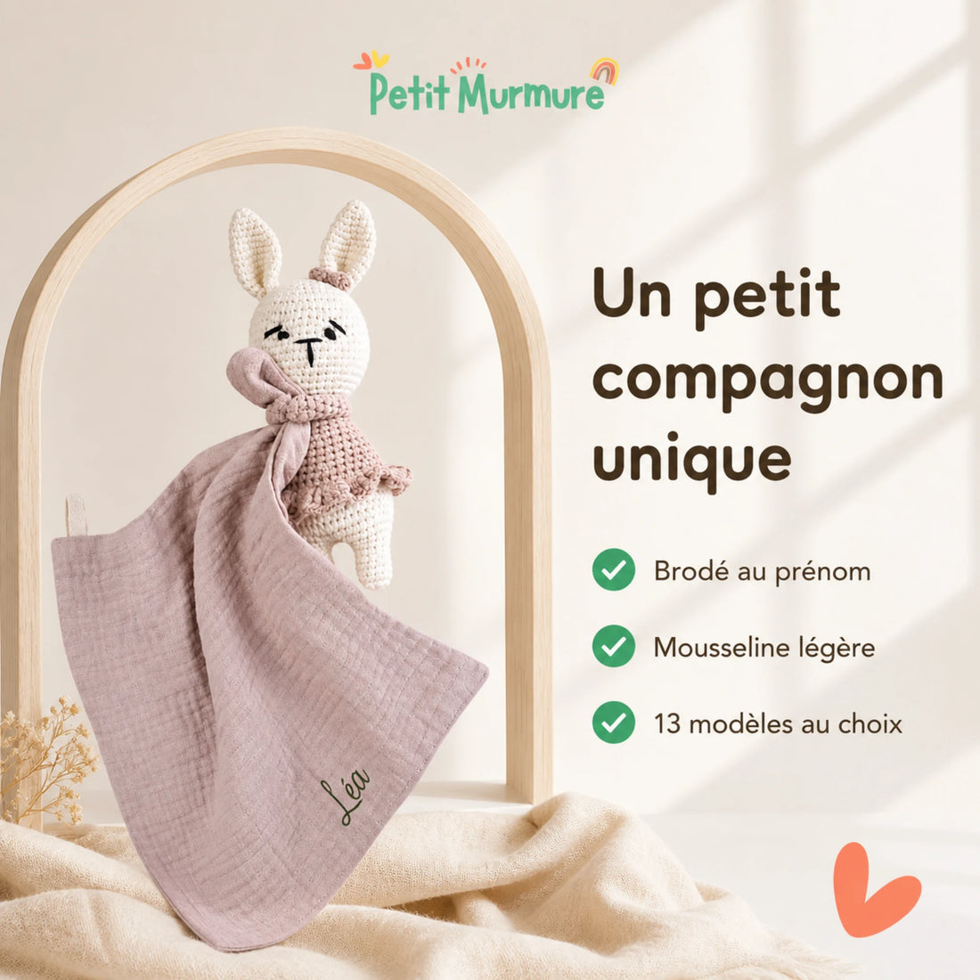Doudou mousseline brodé au prénom – 13 modèles au choix