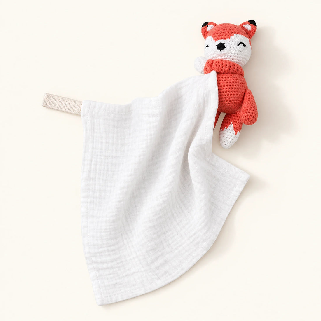Doudou plat mousseline blanc avec renard au crochet - doudou personnalisé | Petit Murmure