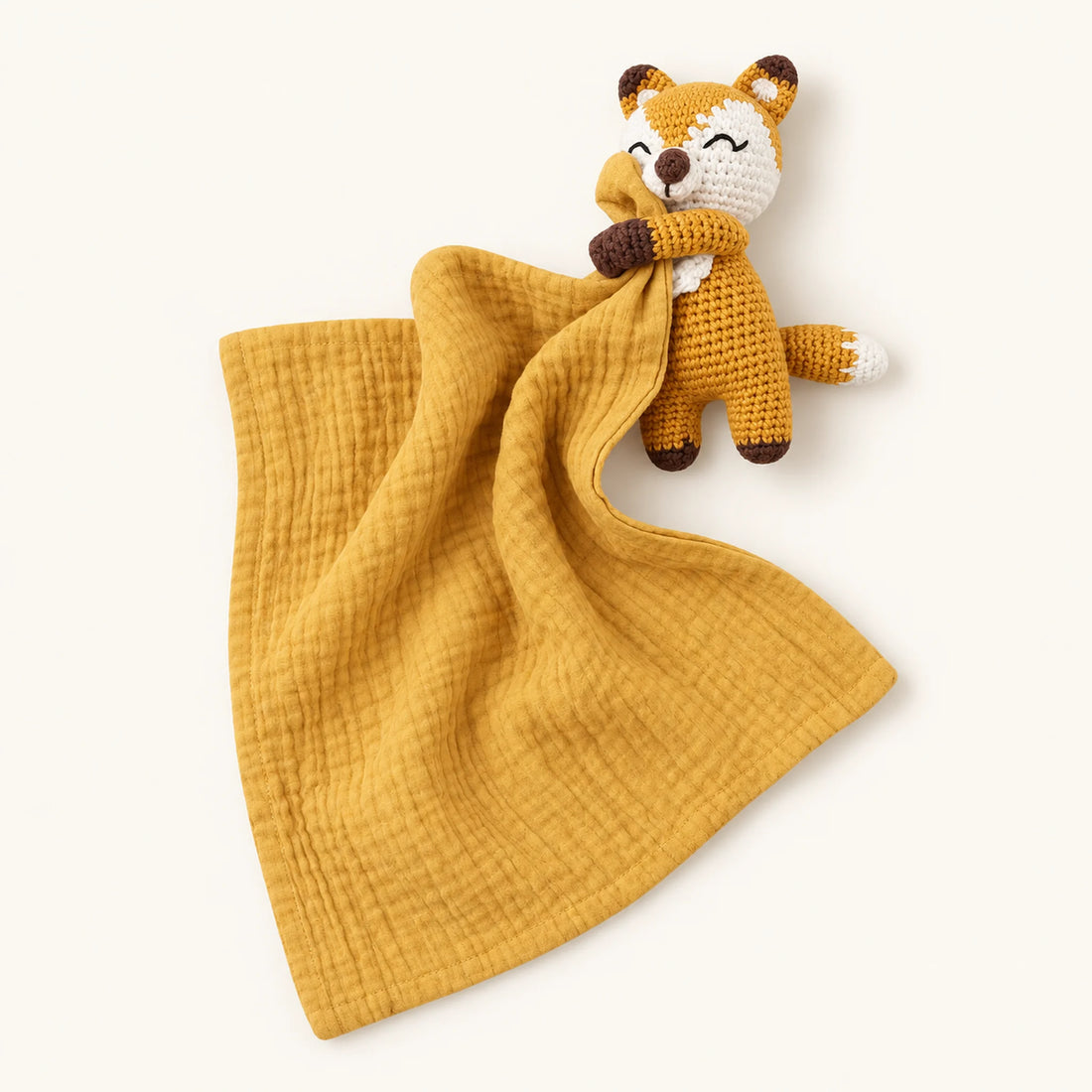 Doudou plat mousseline jaune moutarde avec renard au crochet - doudou personnalisé | Petit Murmure