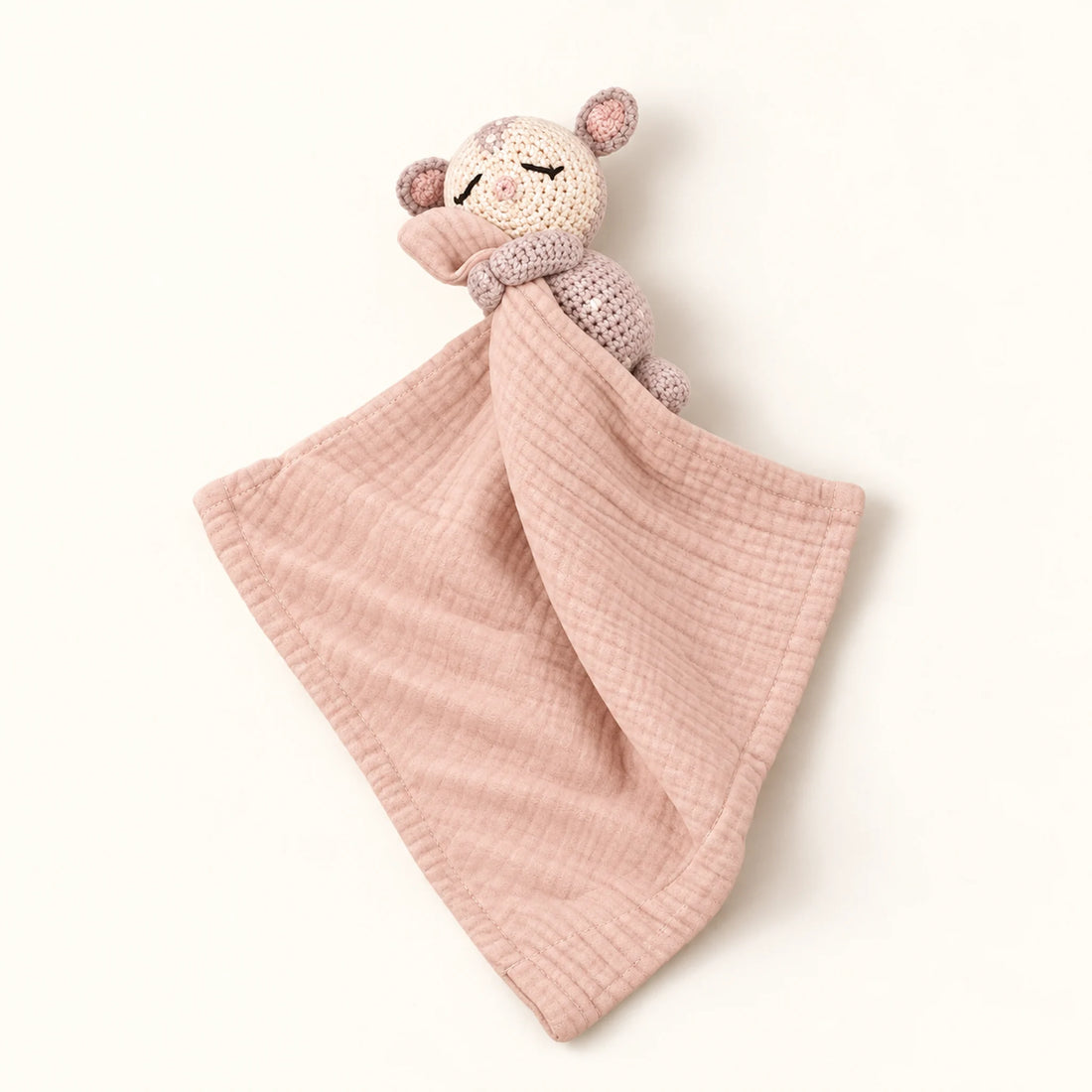 Doudou plat mousseline rose poudré avec ourson au crochet - doudou personnalisé | Petit Murmure
