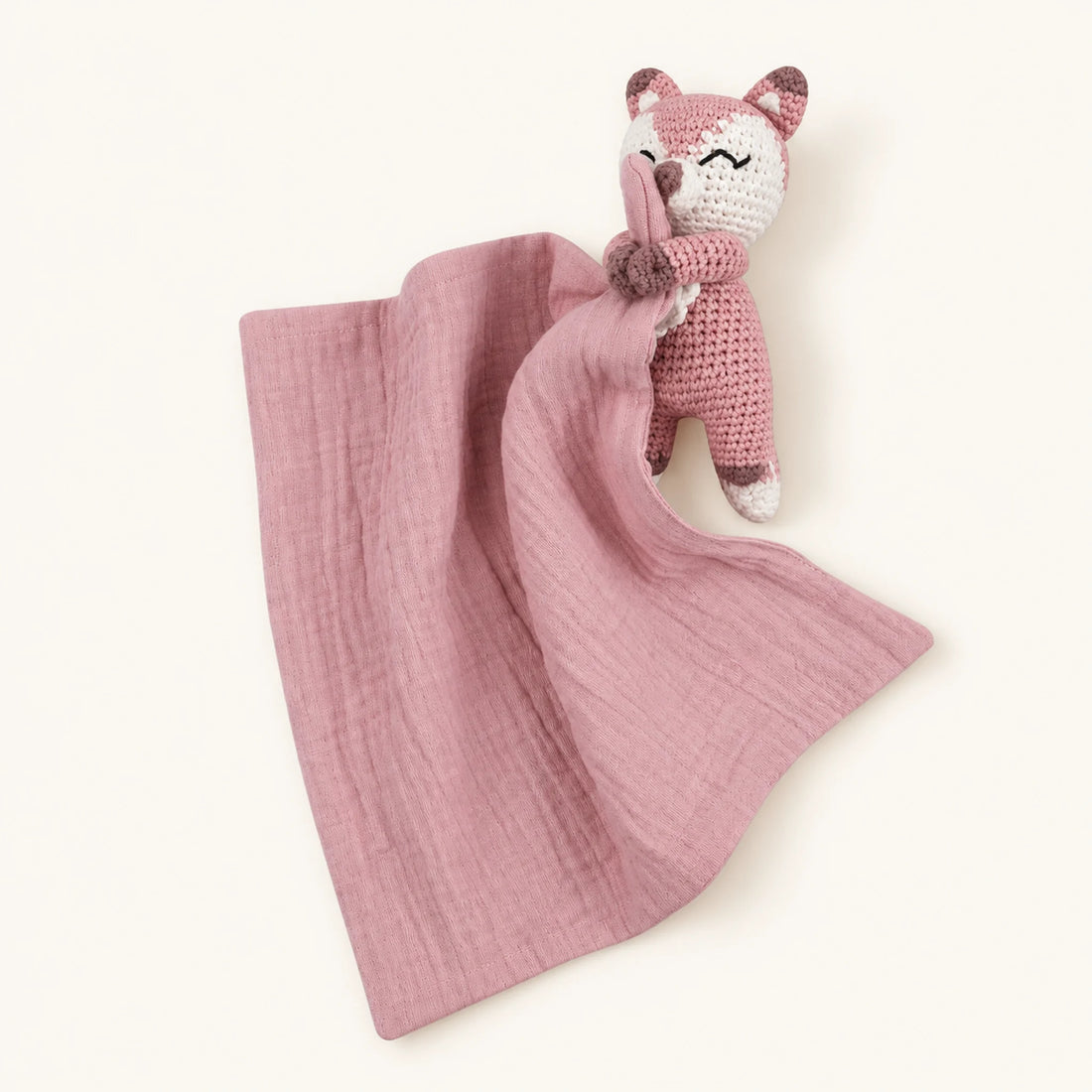 Doudou plat mousseline vieux rose avec renard au crochet - doudou personnalisé | Petit Murmure