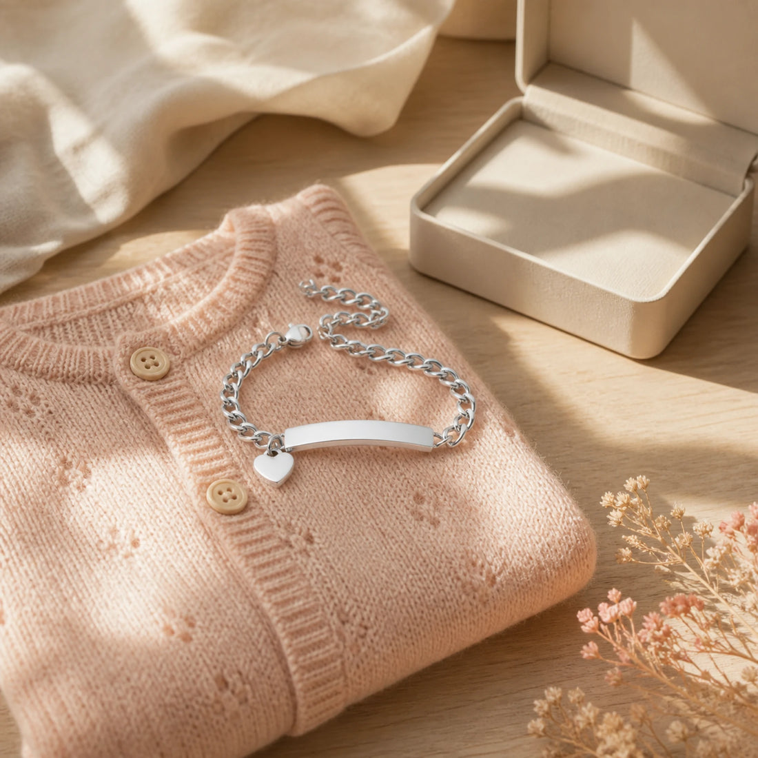 Gourmette bébé cœur à graver – mise en scène dans un univers bébé doux et lumineux