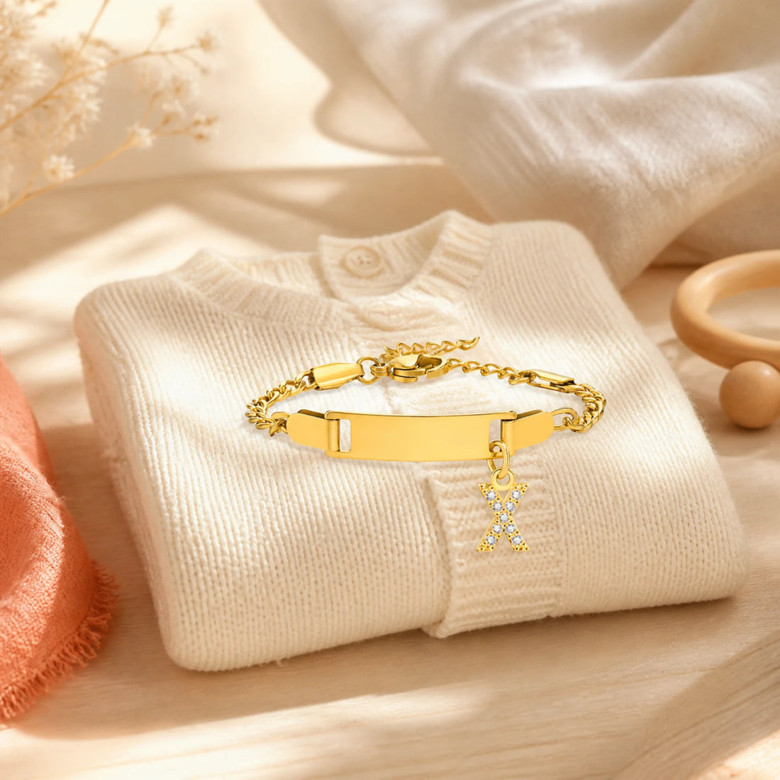 Gourmette bébé prénom & initiales – mise en scène dans un univers bébé doux et lumineux