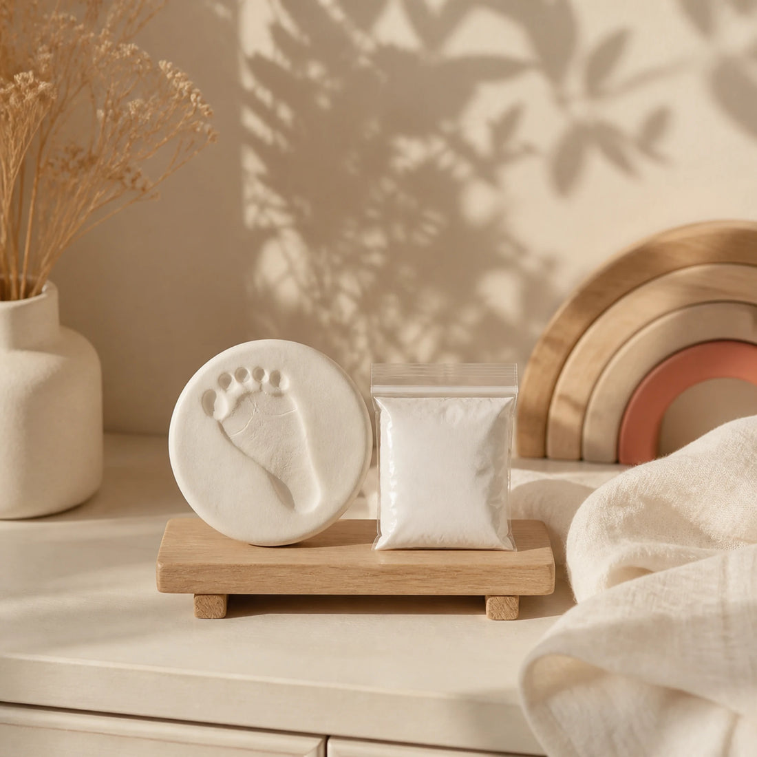 Souvenir d’empreinte bébé en argile dans un décor naturel